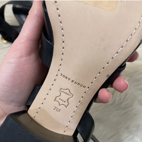 Tory Burch Black Leather Criss Cross Strap Heeled Sandals - Picture 2 of 9